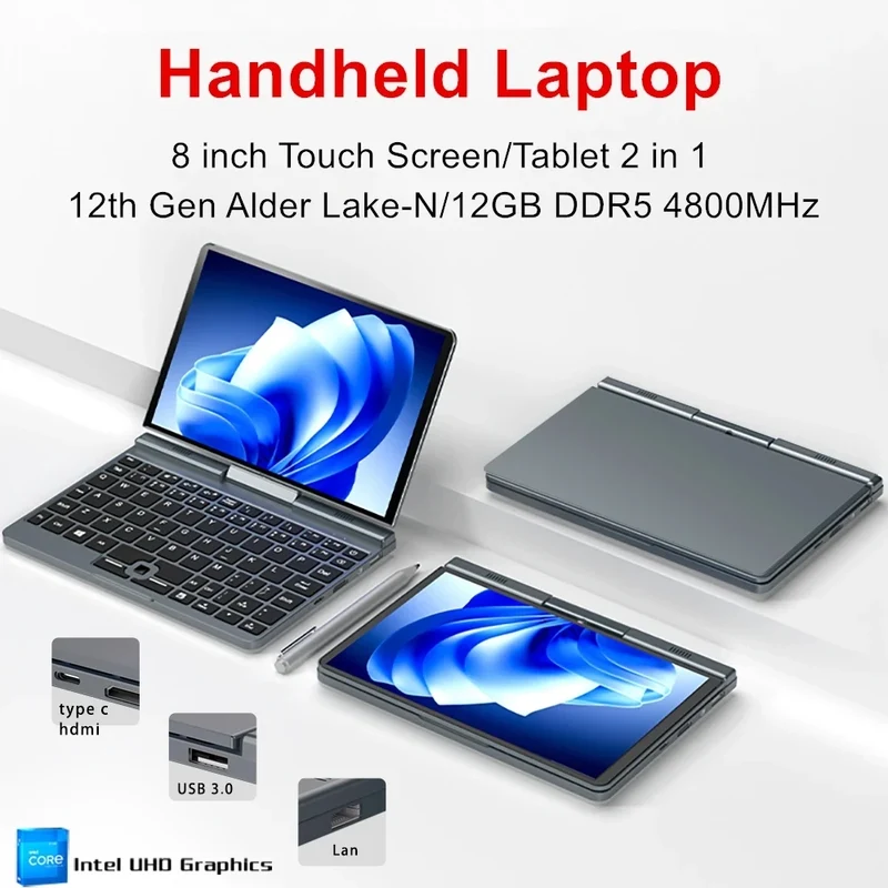 P8 12th Gen Gaming Mini Laptop Intel Alder Lake N100 4 Core 8 Inch Touch Screen 12G DDR5 Windows 11 Notebook Tablet 2 in 1 WiFi6