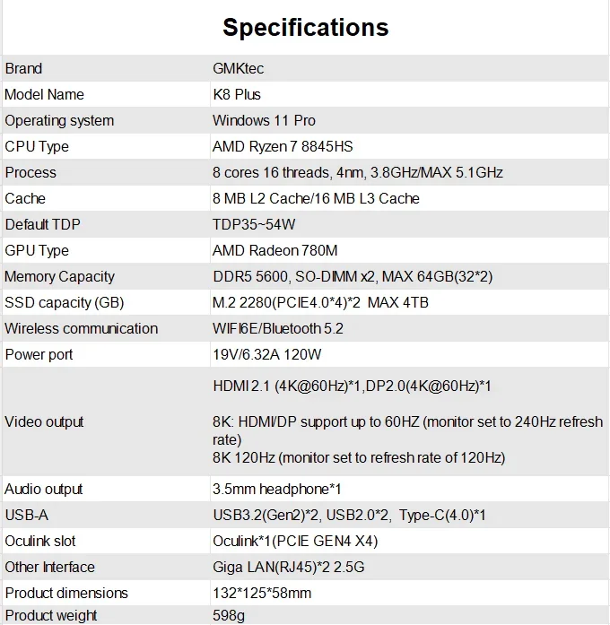 GMKtec K8 Plus Mini PC AMD R7 8845HS 8-core 16-thread DDR5 5600Mhz Pcie 4.0 SSD WIFI6 BT5.2 Win11 Pro Desktop Gaming PC