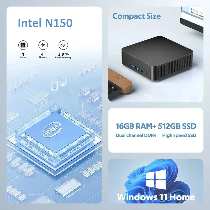 Hotselling Portable Intel N150 Windows 11 16GB RAM 512GB 1TB SSD Gaming Mini Computer WiFi 6 Desktop Mini PC Computer