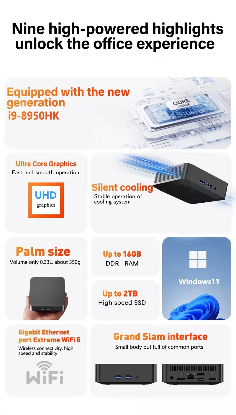 New Windows 11 Pro Portable Mini PC Gamer Core i9 8950HK i3 6100 Mini Computer 16GB RAM 1TB SSD 1000M Ethernet Gaming PC Desktop