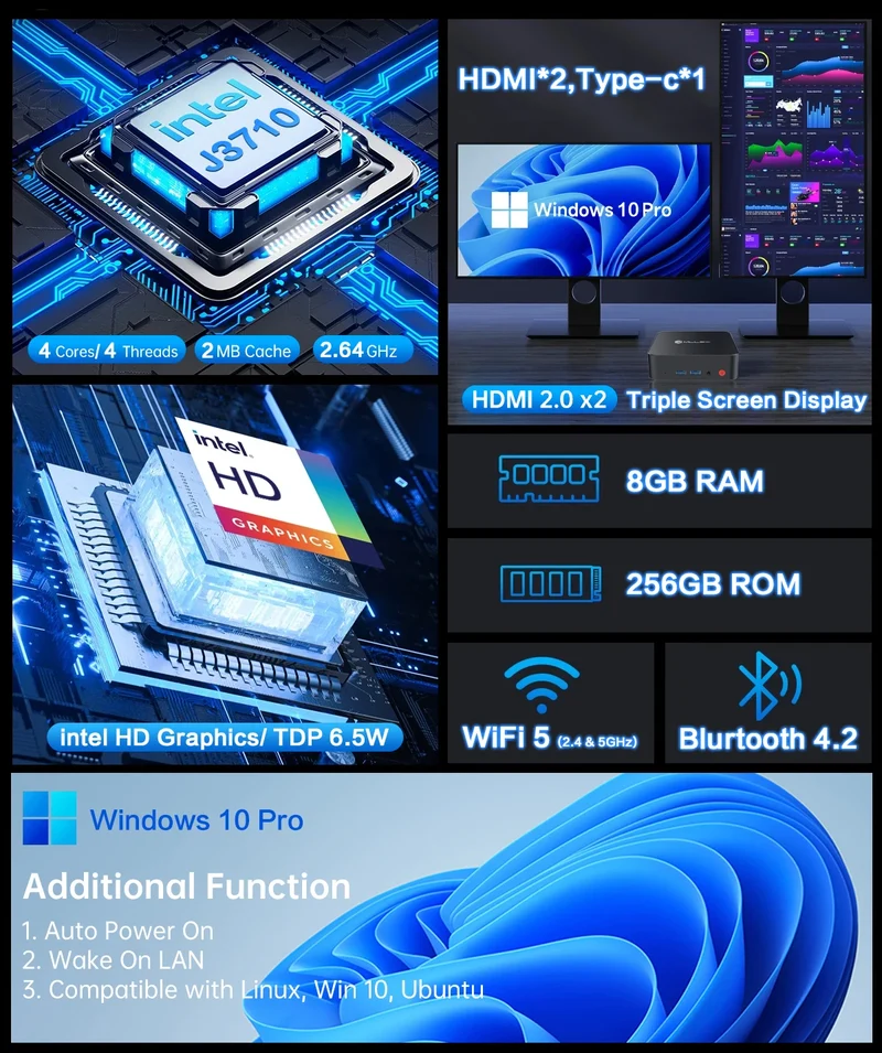 Mini PC MLLSE M2 Pro, processor Intel J3710, 8 GB RAM, ROM Go, Wi-Fi 5, BT 4.2, Windows 10 miniature desk computer
