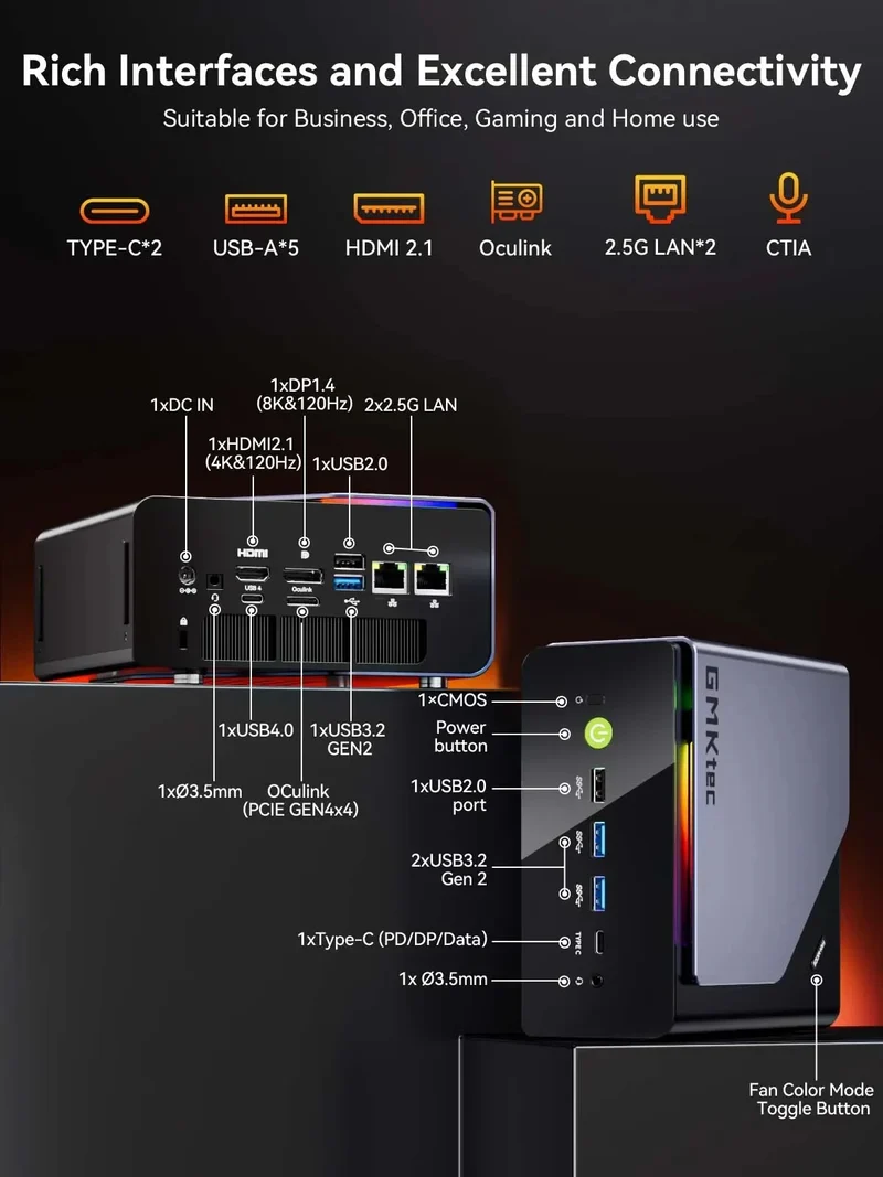 GMKtec K12 AMD Ryzen 7 H 255 Mini PC Dual DDR5 5600MT/s 3*SSD PCIe4.0 WiFi6 BT5.2 Dual 2.5G LAN OCulink Desktop Gamer Computer