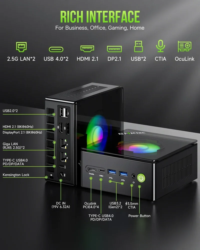 GMKtec K11 Gaming PC AMD Ryzen 9 8945HS 32GB DDR5 1TB PCIe 4.0 SSD Windows 11 Pro Oculink Dual 2.5G LAN HDMI DP 2 USB4 RGB