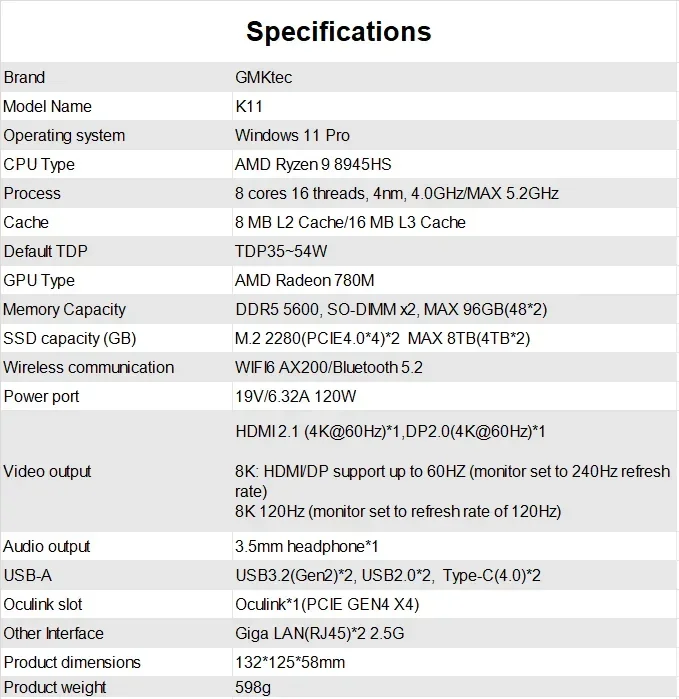 GMKtec K11 Gaming PC AMD Ryzen 9 8945HS 32GB DDR5 1TB PCIe 4.0 SSD Windows 11 Pro Oculink Dual 2.5G LAN HDMI DP 2 USB4 RGB