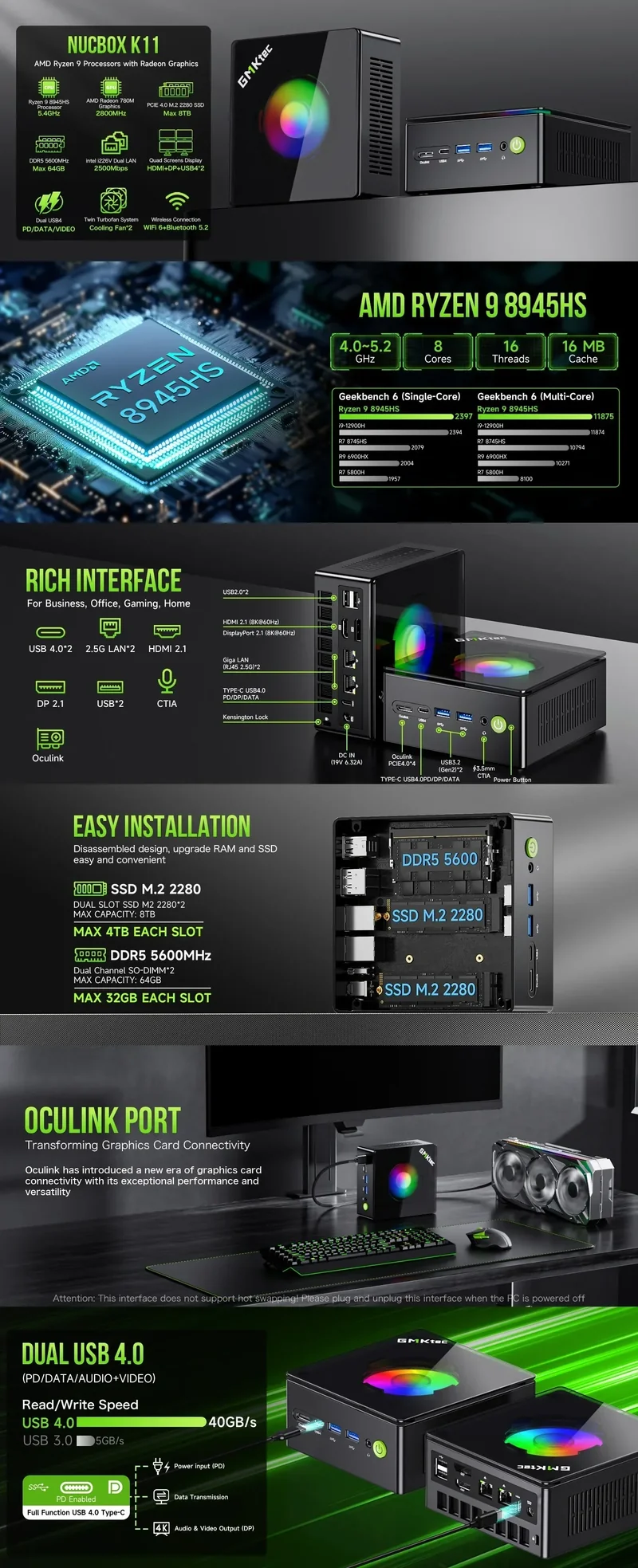 GMKtec K11 Gaming PC AMD Ryzen 9 8945HS 32GB DDR5 1TB PCIe 4.0 SSD Windows 11 Pro Oculink Dual 2.5G LAN HDMI DP 2 USB4 RGB