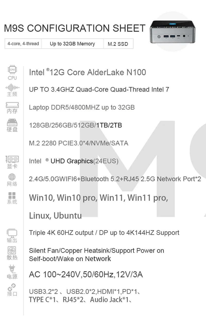 MOREFINE M9S Mini PC 12th Gen Intel i3 N305 N300 N200 ES QS PCIE3.0x4 2xLAN Home /Office Computer Windows 11 NUC WiFi6 Firewall