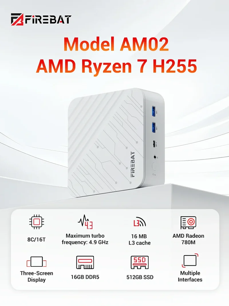 FIREBAT AM02 Mini PC AMD Ryzen 7 H255 DDR5 16GB RAM M.2 PCIe 512GB SSD WiFi6 BT5.2 1000M LAN Windows11 Desktop Computer