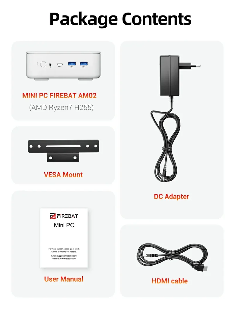 FIREBAT AM02 Mini PC AMD Ryzen 7 H255 DDR5 16GB RAM M.2 PCIe 512GB SSD WiFi6 BT5.2 1000M LAN Windows11 Desktop Computer