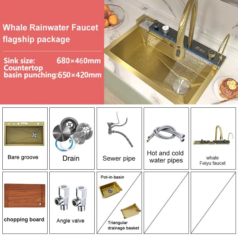 Multifunctional Stainless Steel Kitchen Sink Digital Display Faucet Stain Scratch Resistant Large Single Slot Wash Dish Basin