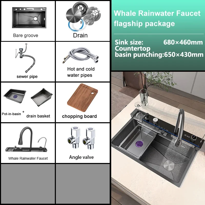 Multifunctional Stainless Steel Kitchen Sink Digital Display Faucet Stain Scratch Resistant Large Single Slot Wash Dish Basin