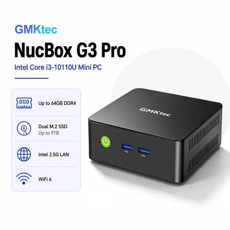 GMKtec G3 Pro Mini PC Intel Core i3-10110U 2×DDR4 2×M.2 SSD WiFi 6 BT5.2 2.5G LAN Dual HDMI Windows 11 Pro