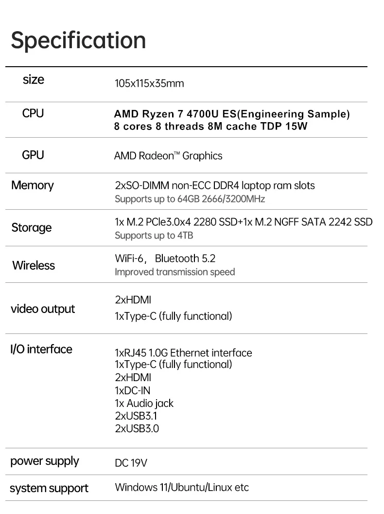 Topton Palm Gaming Mini PC AMD Ryzen 7 4700U ES 3 5300U ES 2*DDR4 2*M.2 Slots Portable Office Desktop PC Windows 11 MiniPC WiFi6