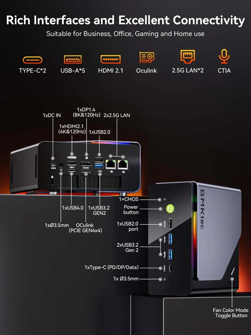 GMKtec K12 AMD Ryzen 7 H 255 Gaming Mini PC 2*DDR5 3*PCIe SSD WiFi6E BT5.2 2*.5G LAN OCulink Desktop MINI PC Gamer Computer