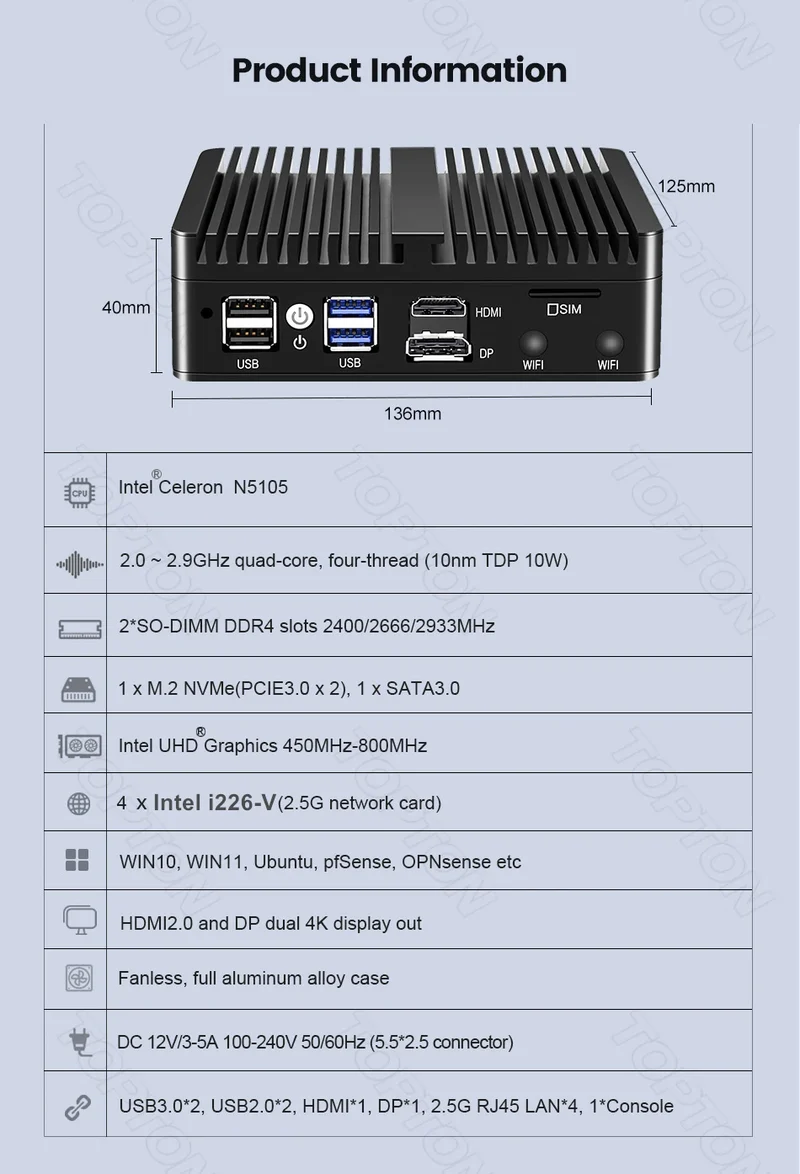 Topton pfSense Firewall Soft Router J6412 J5005 N150 4x i226-V 2.5G LAN NVMe Barebone Fanless Mini PC HDMI2.0 DP AES-NI OPNsense