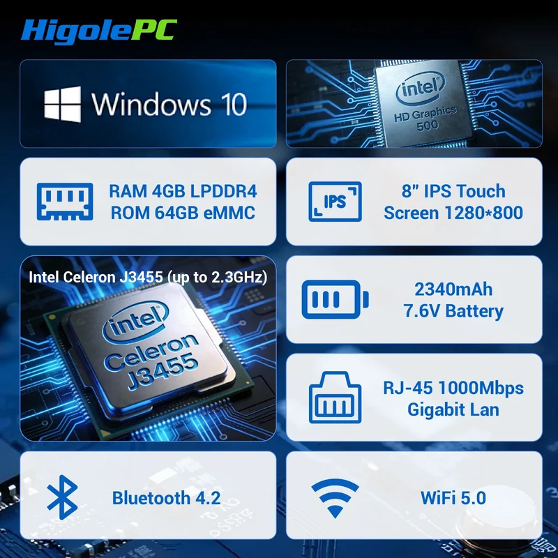Higole F3APL 8'' Fanless Mini PC with Screen Intel J3455 Windows 10 WiFi5 4GB 64GB 2340mAh 4K Laptop Desktop PC Mini Computers