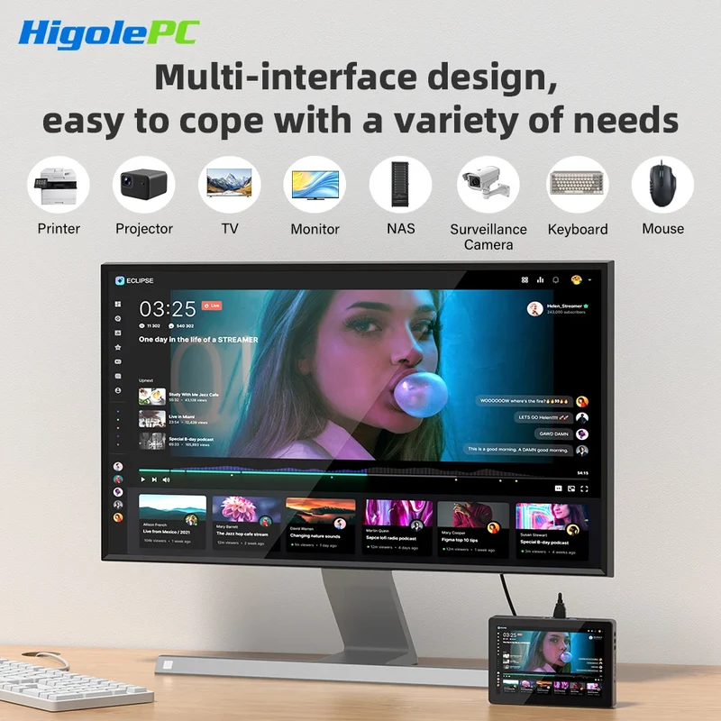 Higole F3APL 8'' Fanless Mini PC with Screen Intel J3455 Windows 10 WiFi5 4GB 64GB 2340mAh 4K Laptop Desktop PC Mini Computers