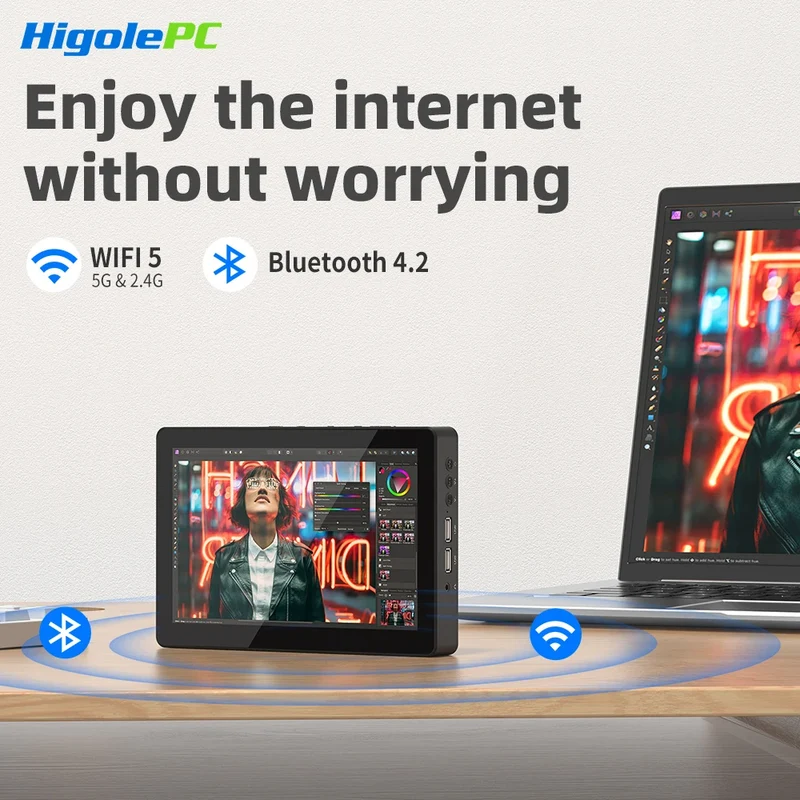 Higole F3APL 8'' Fanless Mini PC with Screen Intel J3455 Windows 10 WiFi5 4GB 64GB 2340mAh 4K Laptop Desktop PC Mini Computers