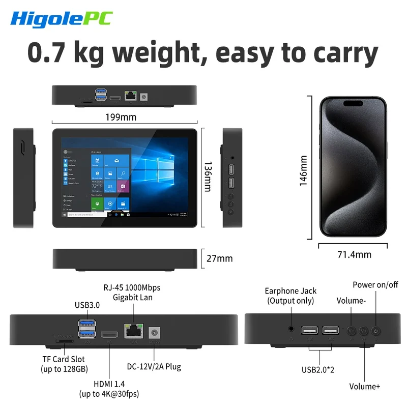 Higole F3APL 8'' Fanless Mini PC with Screen Intel J3455 Windows 10 WiFi5 4GB 64GB 2340mAh 4K Laptop Desktop PC Mini Computers