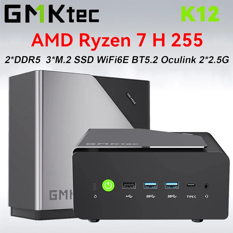 GMKtec MINI PC K12 AMD Ryzen 7 H 255 DDR5 M.2 PCIE SSD WIFI6 BT5.2 2*2.5G Lan Windows 11 Pro Desk Office Mini PC Gaming Computer