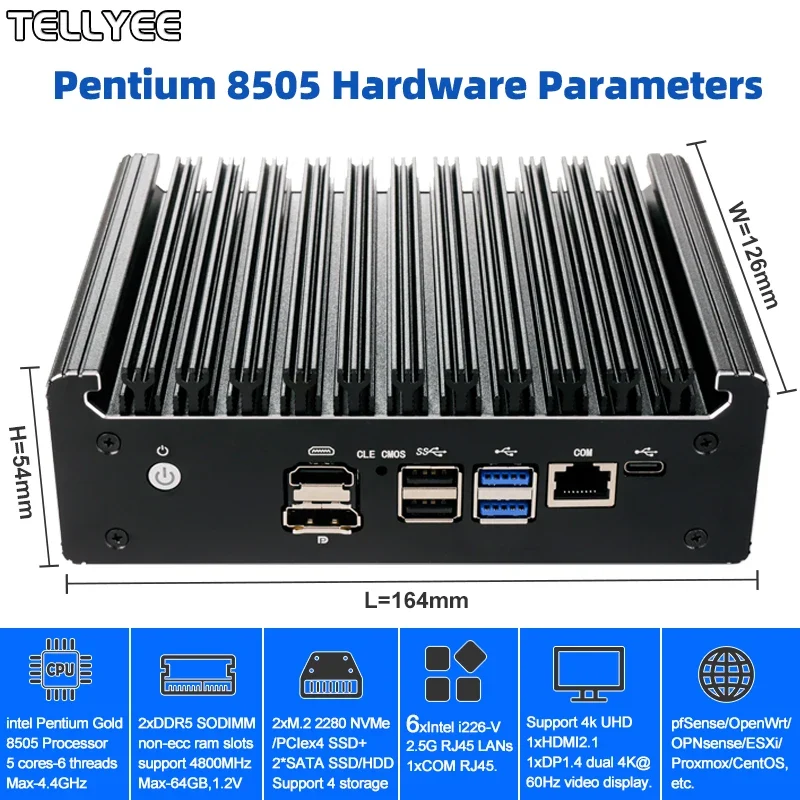 Intel Pentium Gold 8505 Soft Router 6 Lans I226-V 2.5G Fanless Mini PC COM HD DP USB Type-C DDR5 SATA PfSense Firewall Appliance