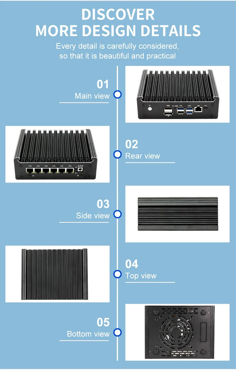Intel Pentium Gold 8505 Soft Router 6 Lans I226-V 2.5G Fanless Mini PC COM HD DP USB Type-C DDR5 SATA PfSense Firewall Appliance