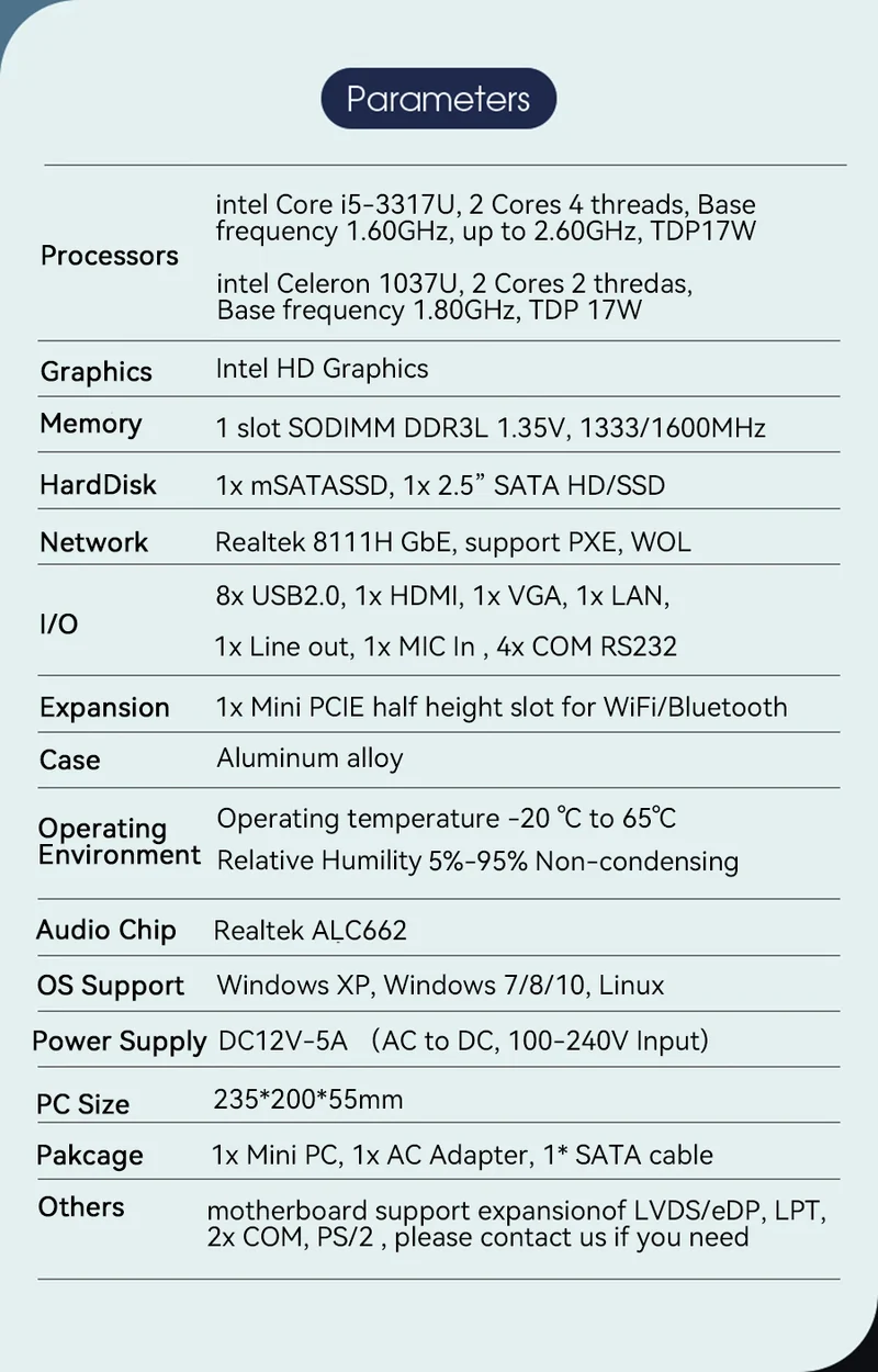 XCY Fanless Industrial Mini PC Intel Core I5-3317U 4x COM DB9 8x USB Support Windows XP/7/8/10 Linux