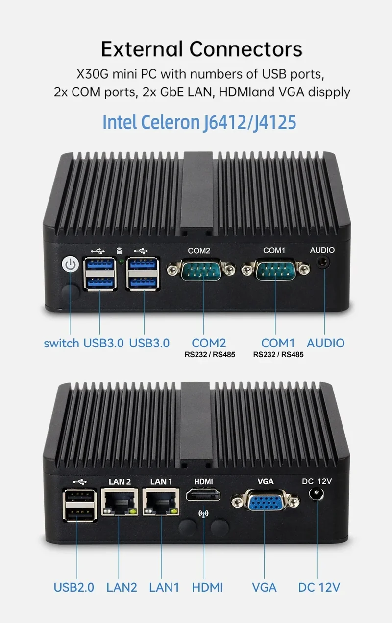 BEBEPC Fanless Industrial Mini PC with Intel Celeron J6412 J1900 Support Linux Computer with 2xRS232/485 2xGbE LAN Win10 Ready