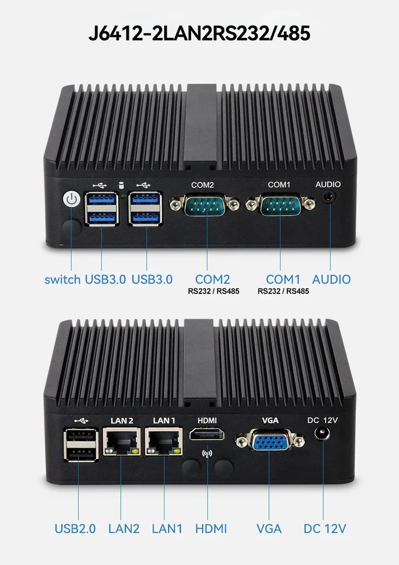 BEBEPC Fanless Industrial Mini PC with Intel Celeron J6412 J1900 Support Linux Computer with 2xRS232/485 2xGbE LAN Win10 Ready