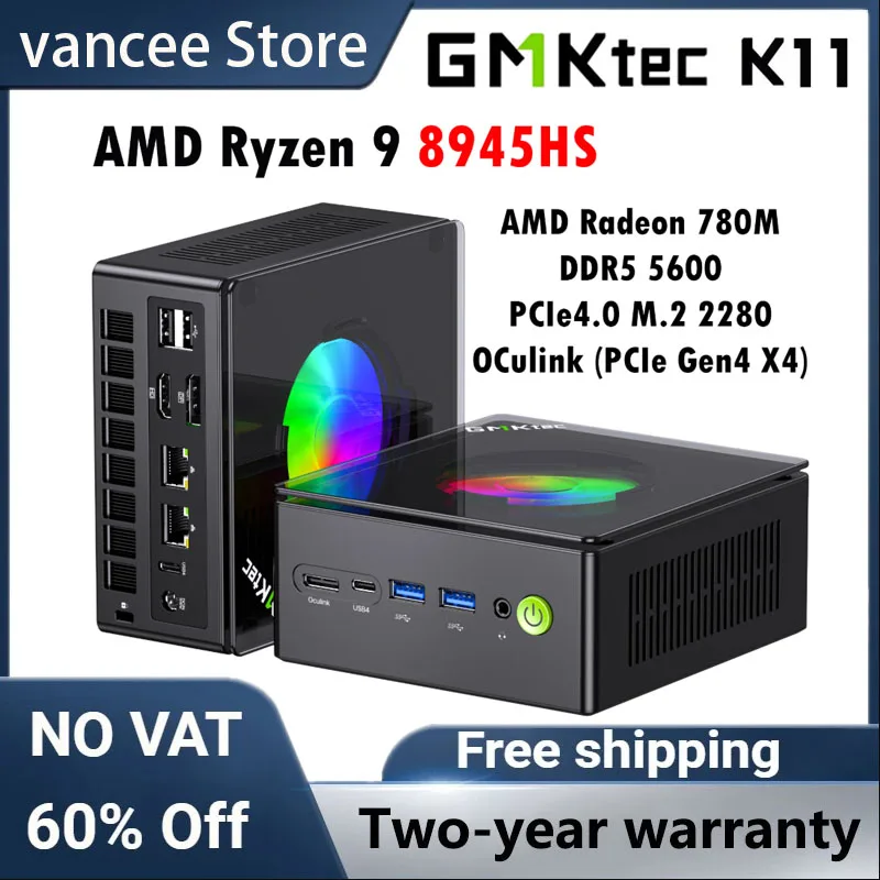 GMKtec K11 Mini PC AMD Ryzen 9 8945HS PC Gaming OCuLink DDR5 5600MHz 16GB/32GB RAM 512GB/1TB SSD Barebone USB4 Dual 2.5G LAN