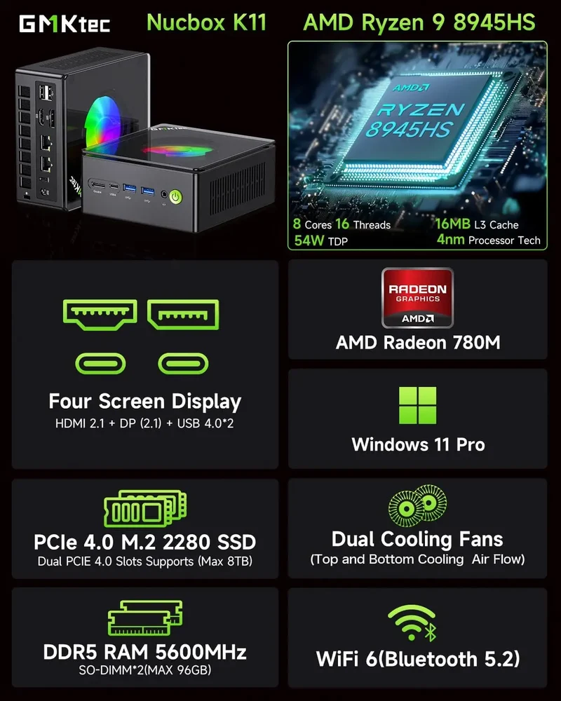 GMKtec K11 Mini PC AMD Ryzen 9 8945HS PC Gaming OCuLink DDR5 5600MHz 16GB/32GB RAM 512GB/1TB SSD Barebone USB4 Dual 2.5G LAN