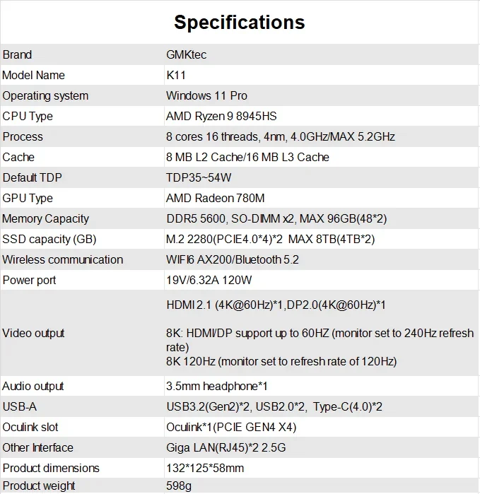 GMKtec K11 Mini PC AMD Ryzen 9 8945HS PC Gaming OCuLink DDR5 5600MHz 16GB/32GB RAM 512GB/1TB SSD Barebone USB4 Dual 2.5G LAN