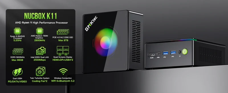 GMKtec K11 Mini PC AMD Ryzen 9 8945HS PC Gaming OCuLink DDR5 5600MHz 16GB/32GB RAM 512GB/1TB SSD Barebone USB4 Dual 2.5G LAN
