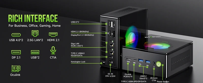 GMKtec K11 Mini PC AMD Ryzen 9 8945HS PC Gaming OCuLink DDR5 5600MHz 16GB/32GB RAM 512GB/1TB SSD Barebone USB4 Dual 2.5G LAN