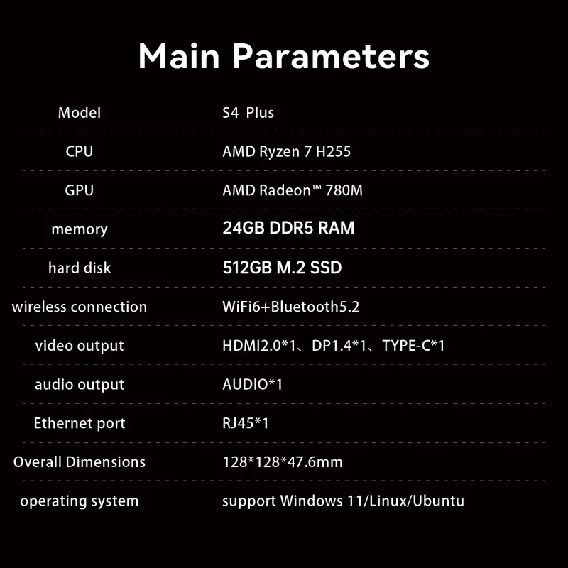 SOYO S4 Plus Mini PC AMD Ryzen 7 H255 CPU 24G DDR5 RAM (Upt 64GB)512GB SSD PCIE3.0 NVME WIFI6 BT5.2 Dual 4K@120Hz Gaming Computer