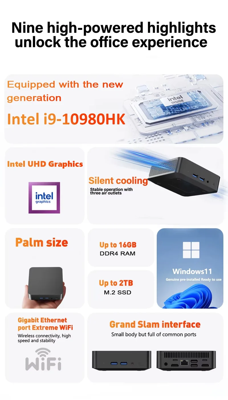 Brand New Mini PC Intel Core I9-10980HK 16GB RAM 1/2TB SSD Bluetooth 5.2 WiFi6 1000M Ethernet Windows 11 Gaming Office PC