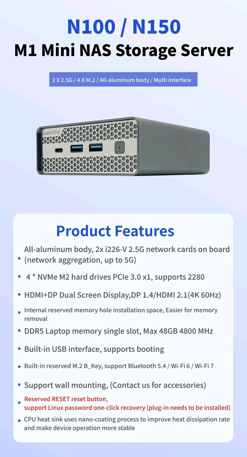 SZBOX M1S Intel N100/N150 MINI PC Windows 11 Pro DDR5 4800MHz 4*M.2 SSD RJ45 4k HD Desktop DIY NAS Host Metal Case Soft Router
