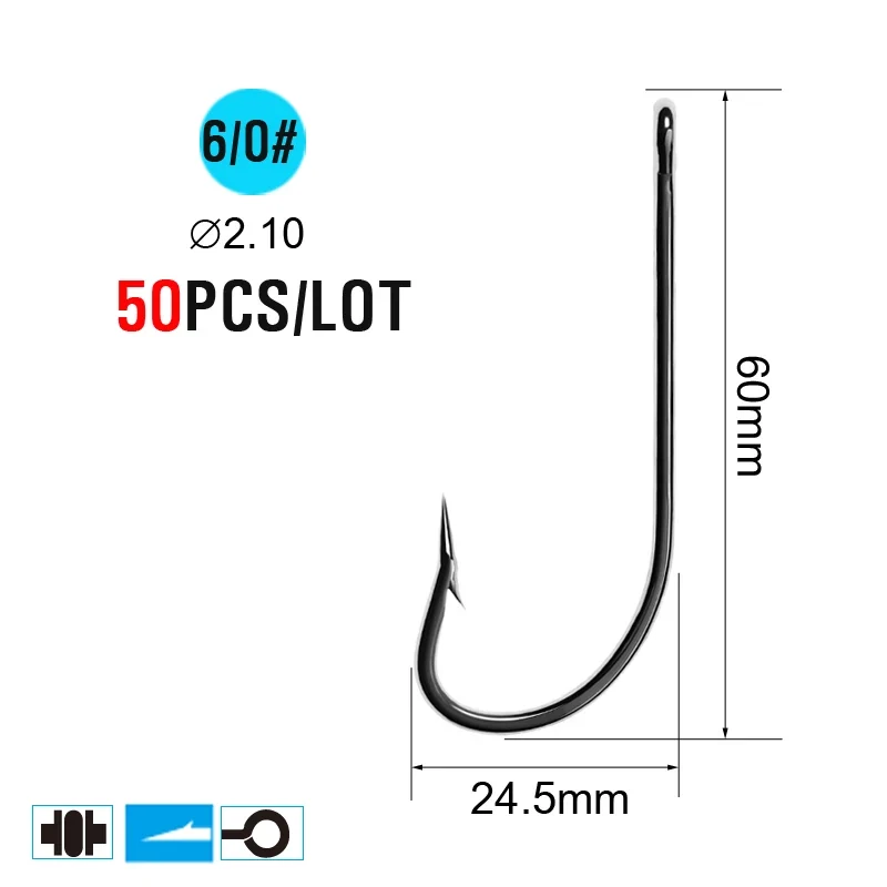 ICERIO 50PCS High Carbon Steel Barbed O'Shaughnessy Jig Hooks Saltwater Fishing Ringed Hooks Accessories Tackle