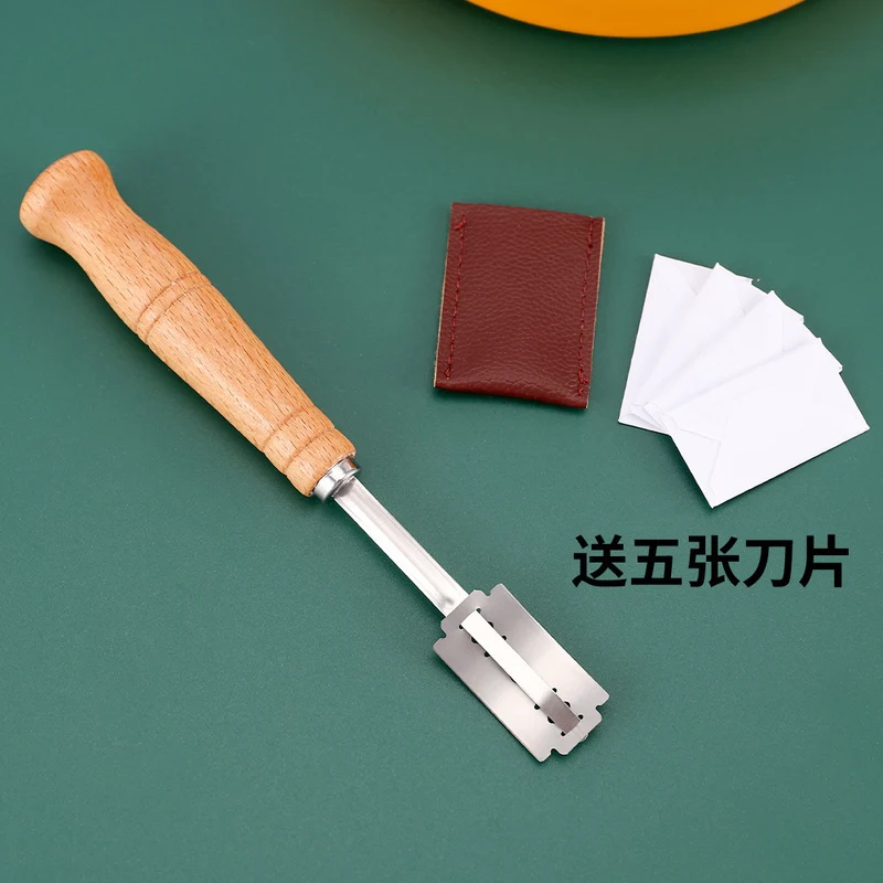 Wooden Handle Curved Bread Cutter Creative Stainless Steel Bread Trimming Knife Dough Dividing Knife European Style Baguette Cutting Pattern