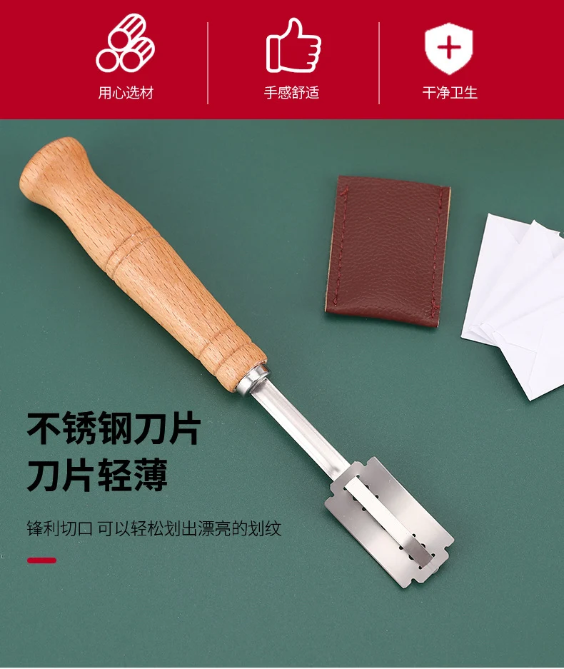 Wooden Handle Curved Bread Cutter Creative Stainless Steel Bread Trimming Knife Dough Dividing Knife European Style Baguette Cutting Pattern