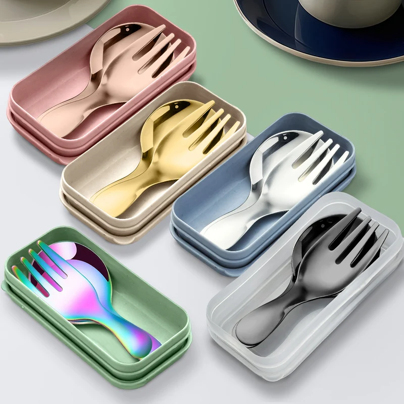Stainless Steel Portable Spoon and Fork Set Children's Rice Spoon Dessert Spoon Fruit Fork Short Handle Fork Spoon Mini Tableware