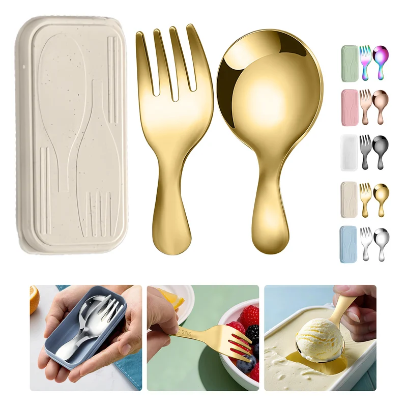 Stainless Steel Portable Spoon and Fork Set Children's Rice Spoon Dessert Spoon Fruit Fork Short Handle Fork Spoon Mini Tableware