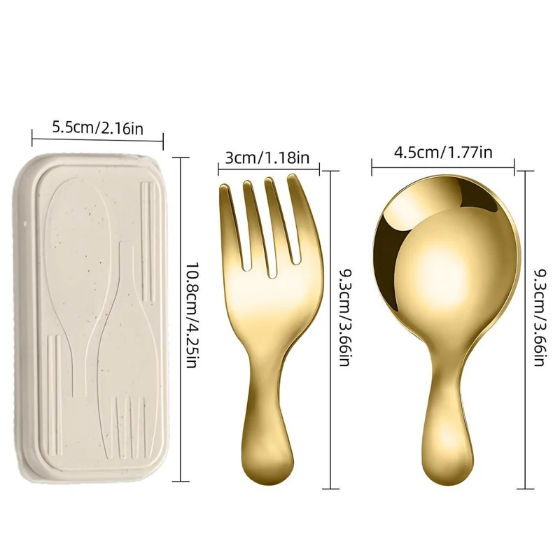 Stainless Steel Portable Spoon and Fork Set Children's Rice Spoon Dessert Spoon Fruit Fork Short Handle Fork Spoon Mini Tableware