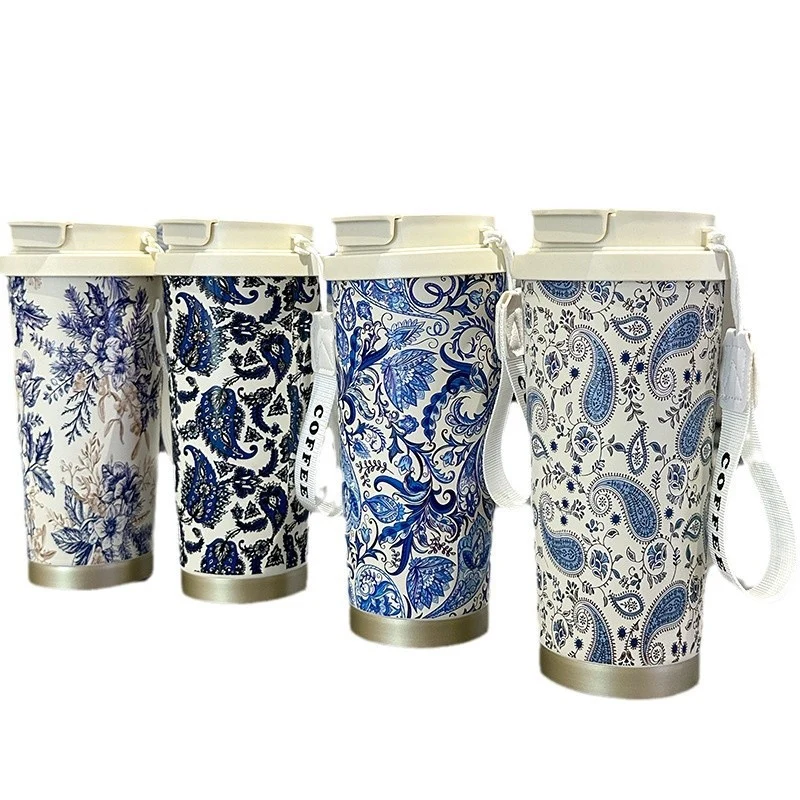 Factory Blue and White Porcelain Stainless Steel Overlord Tea Queen Flower Language Series Coffee Cup Portable Double Drinking Cup with Good Appearance