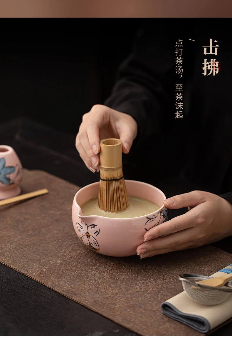Japanese Tea Ceremony Cherry Blossom Pink Matcha Four-Piece Ceramic Matcha Bowl Tea Whisk Tea Spoon Tea Accessories