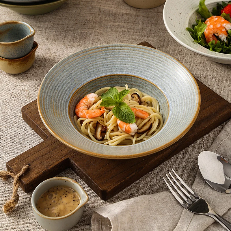 Retro Style Ceramic Kiln Straw Hat Plate Restaurant Hotel Home Threaded Pasta Plate Japanese Fruit Salad Snack Plate