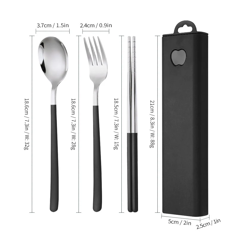 304 Stainless Steel Convenient Tableware Fork, Spoon and Chopsticks Three-Piece Set Outdoor Travel Student Storage Box Tableware Set