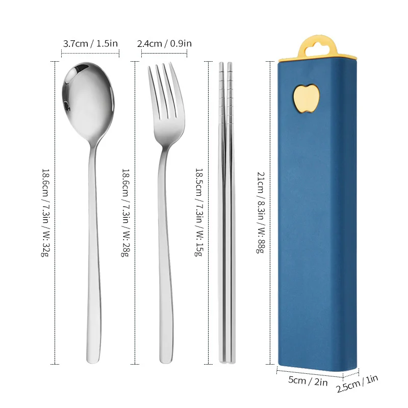 304 Stainless Steel Convenient Tableware Fork, Spoon and Chopsticks Three-Piece Set Outdoor Travel Student Storage Box Tableware Set