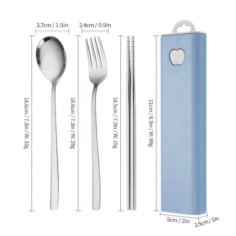 304 Stainless Steel Convenient Tableware Fork, Spoon and Chopsticks Three-Piece Set Outdoor Travel Student Storage Box Tableware Set