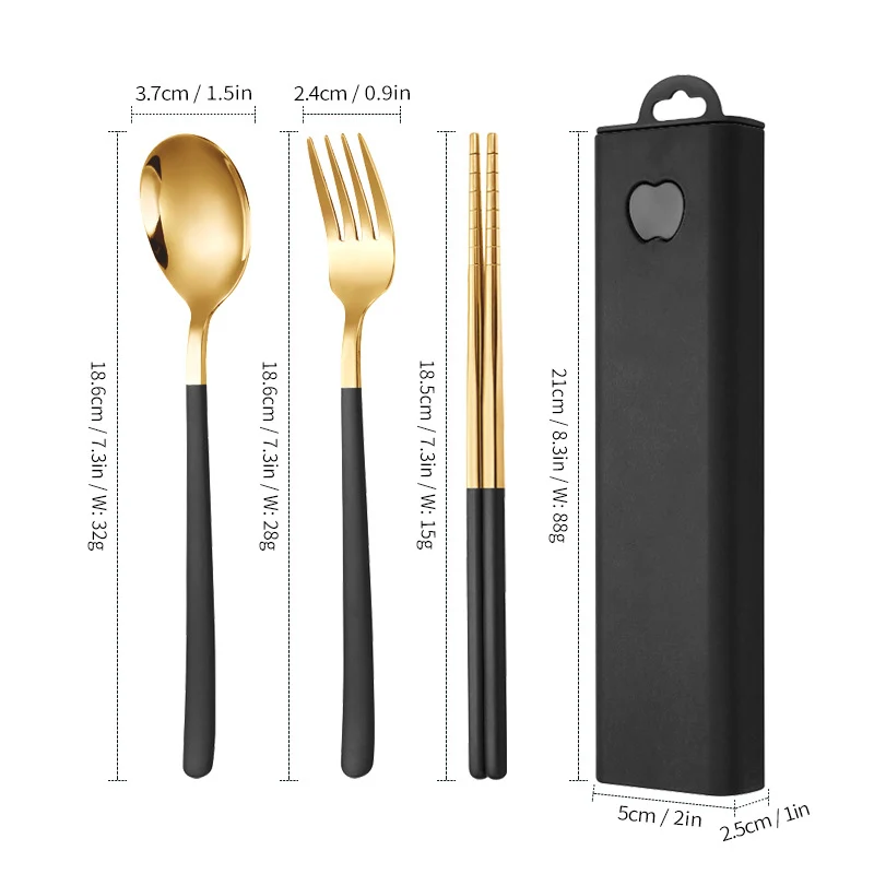 304 Stainless Steel Convenient Tableware Fork, Spoon and Chopsticks Three-Piece Set Outdoor Travel Student Storage Box Tableware Set