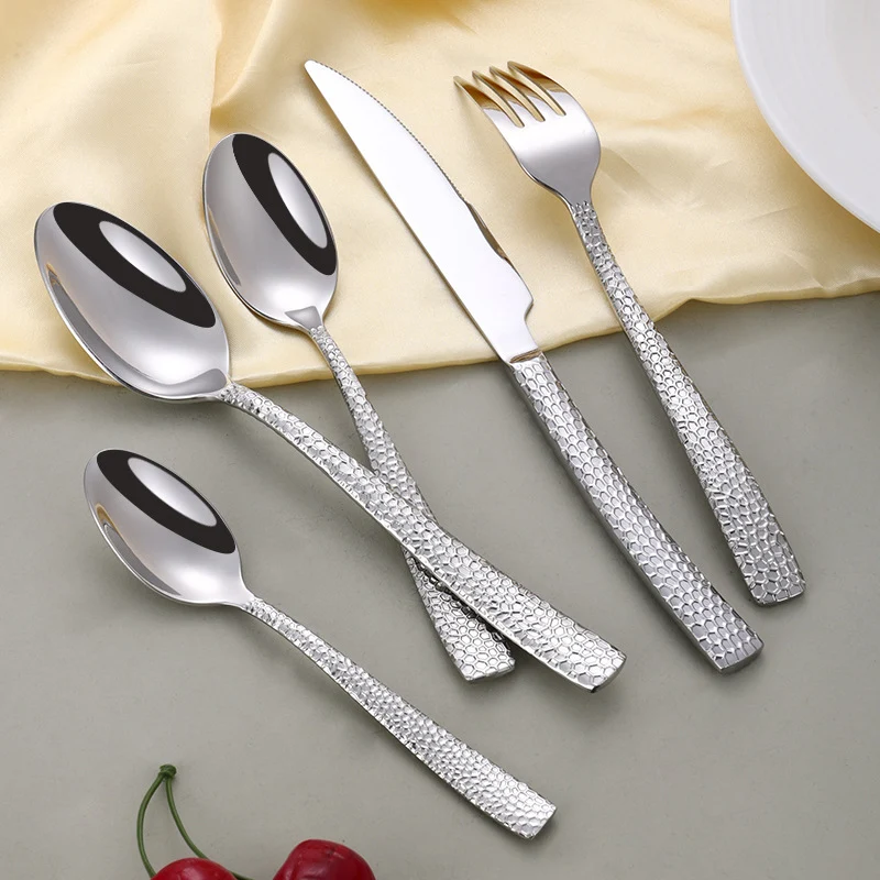 Cross-border 304 Stainless Steel Knife, Fork and Spoon Tableware Hotel Western Food Square Handle Thickened Water Cube Hammer Steak Knife, Fork and Spoon